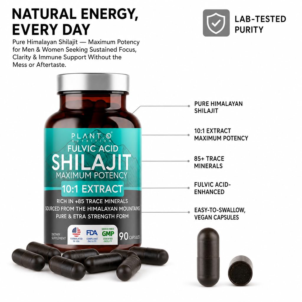 PLANT.O NUTRITION Natural Himalayan Shilajit Capsules - 10:1 Extract Maximum Potency, 90 Count
