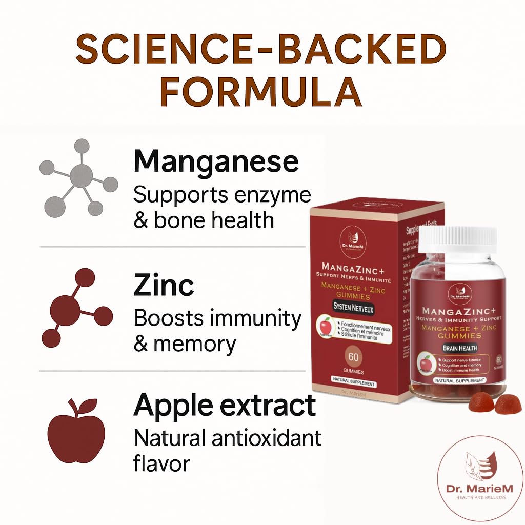 Dr. MarieM MangaZinc+ Gummies – Manganese + Zinc for Nerve Function, Cognitive Support & Immune Health – Apple Flavor – 7.93 oz