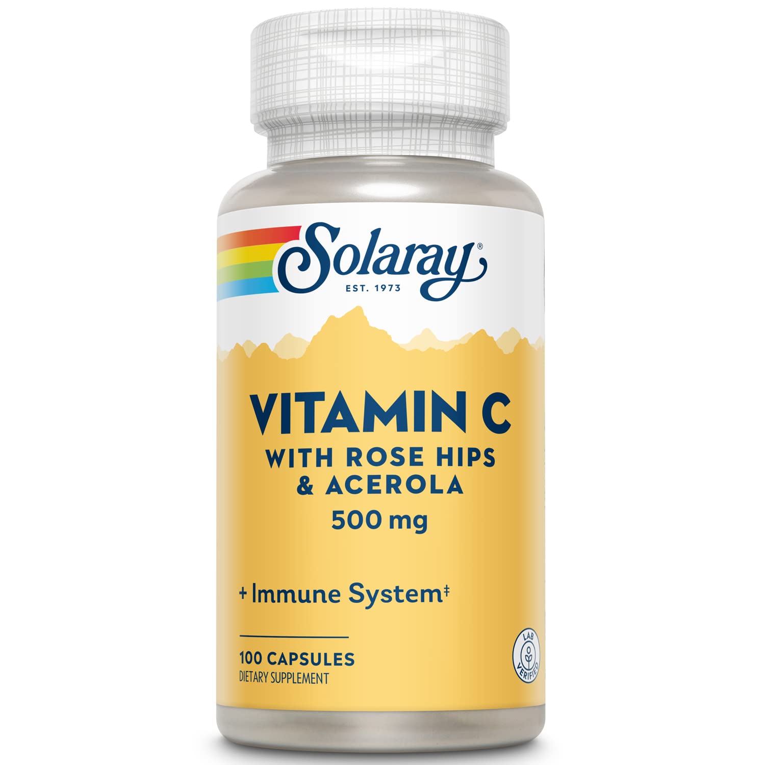 SOLARAY Vitamin C 500mg with Rose Hips & Acerola VegCaps, 100 Count