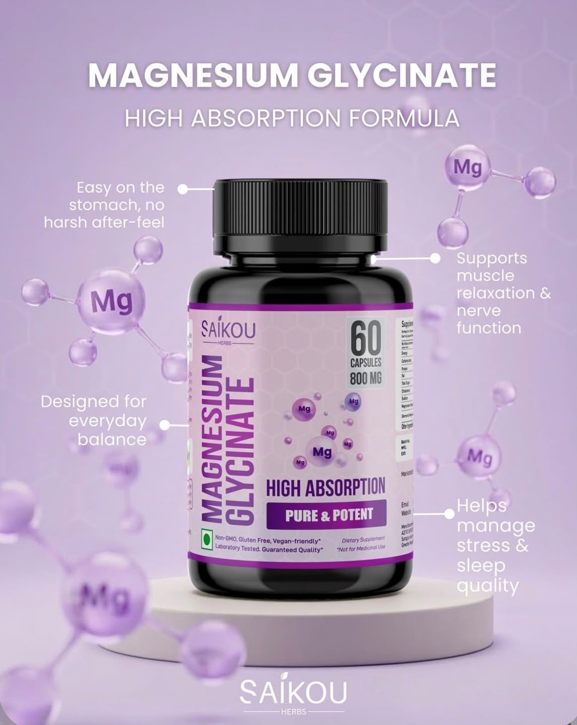SAIKOU HERBS Chelated Magnesium Glycinate 800mg Capsule, 60 Count