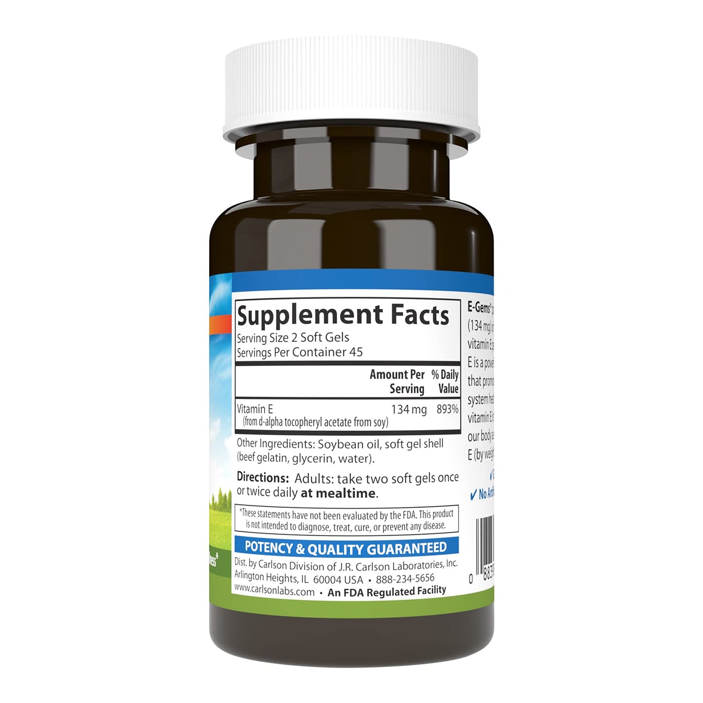 Carlson E-Gems Vitamin E Softgels 200 IU (134 mg), Natural-Source Vitamin E, 90 Softgels