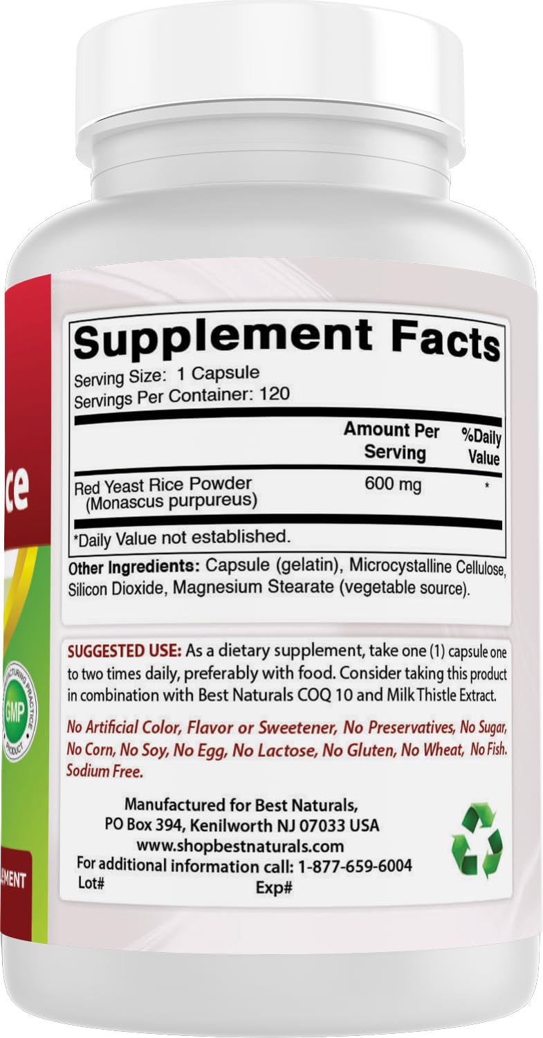 Best Naturals Red Yeast Rice 600 mg Capsules 120 Count