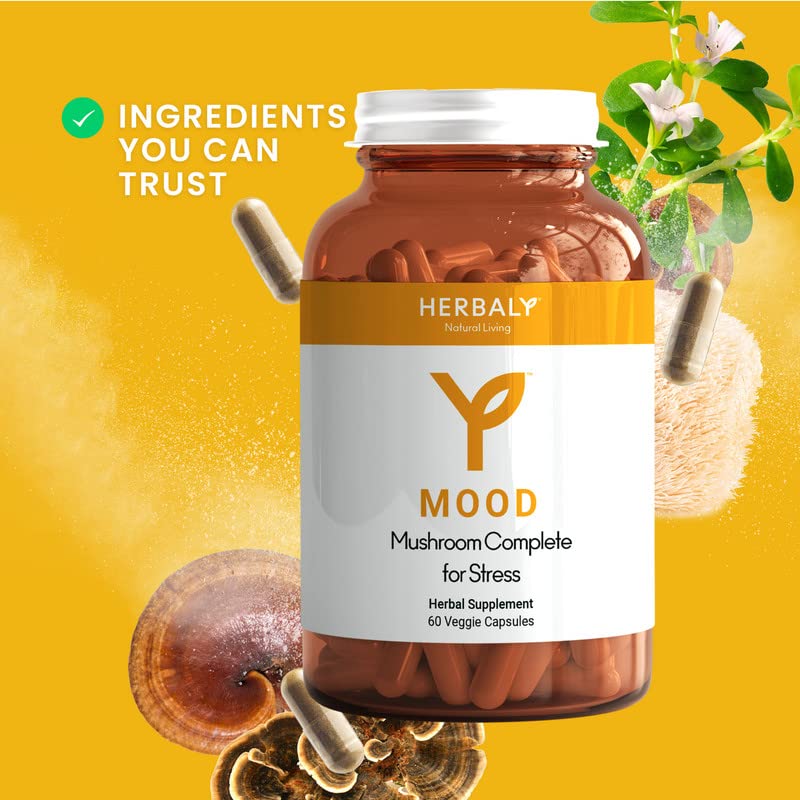 HERBALY Mood Mushroom Complete for Stress Capsules, 60 Capsules