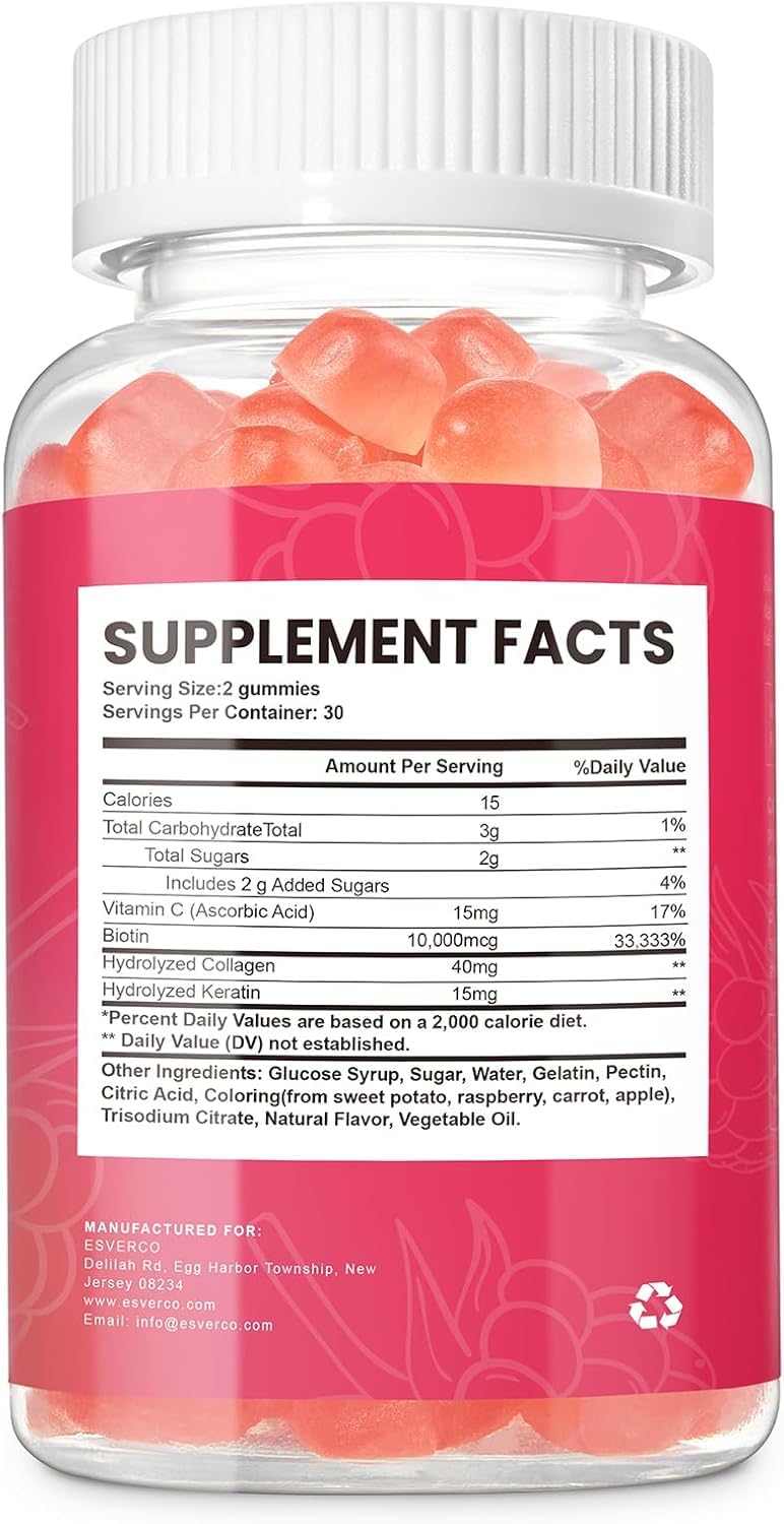 esverco Biotin 10000mcg Keratin Collagen Gummies Hair Nail Vegan 120 Count