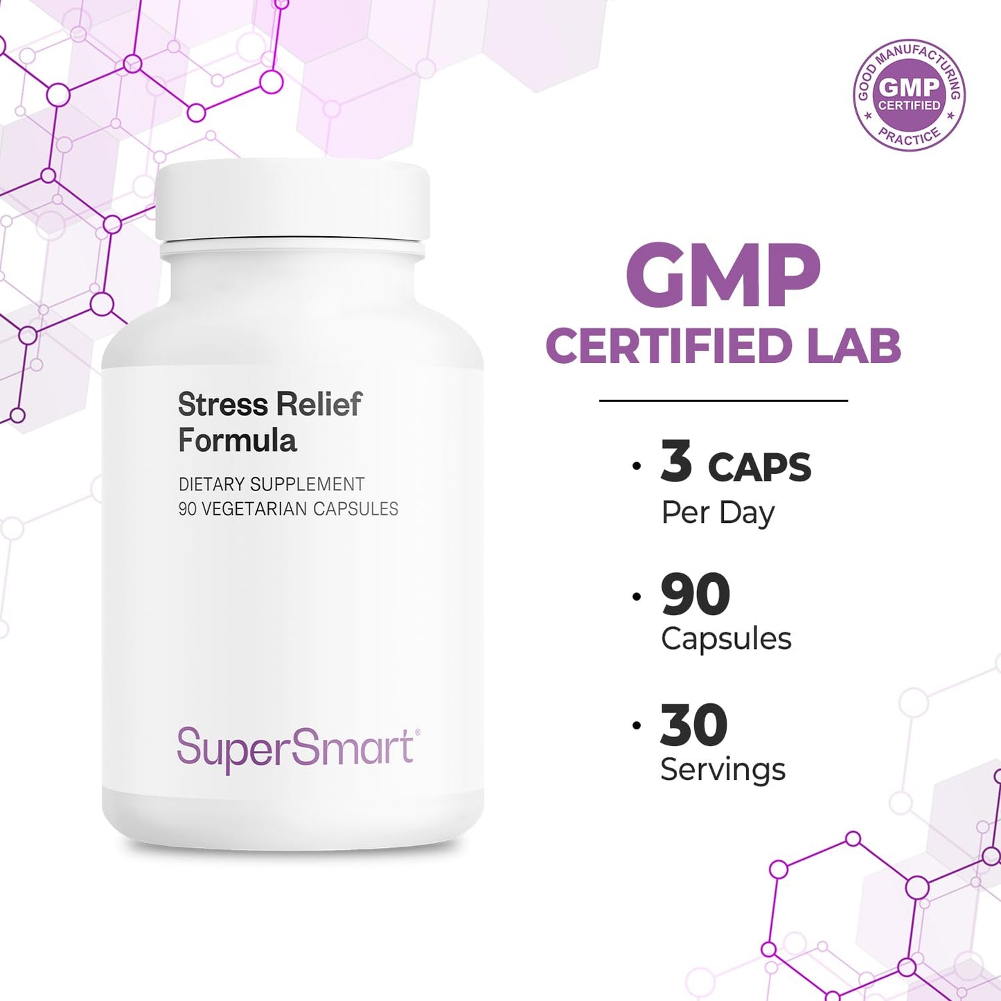 Supersmart Stress Relief Formula (All-in-1) - 100% Natural Supplement with Passion Flower and Polygala Tenuifolia, Non-GMO & Gluten Free, 90 Vegetarian Capsules