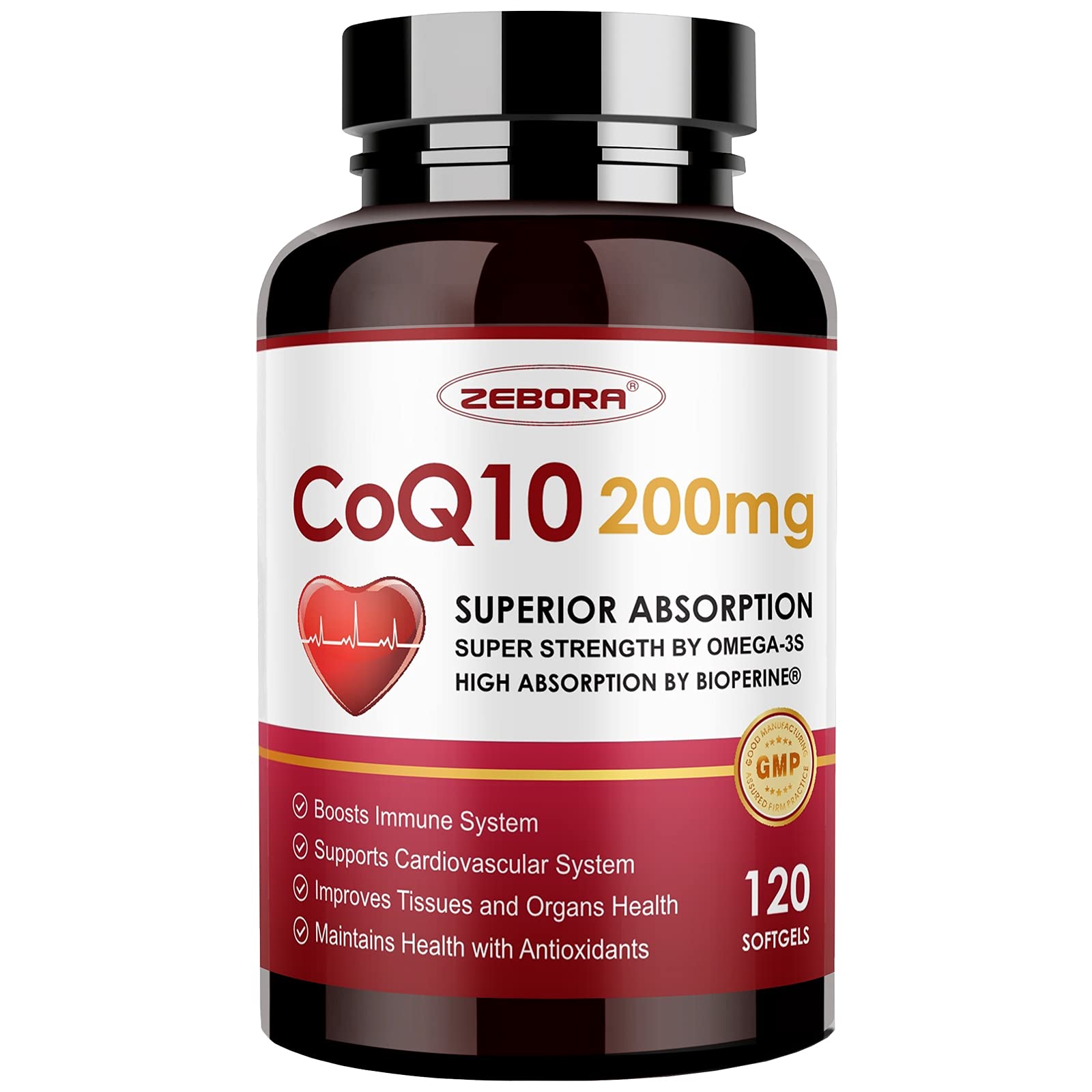 ZEBORA CoQ10 200mg Softgels with PQQ, BioPerine & Omega-3, 120 Softgels