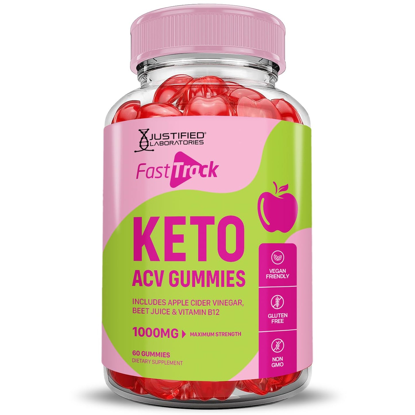 Justified Laboratories Fast Track Keto ACV Gummies Advanced Formula 1000mg Apple Cider Vinegar with Pomegranate Beet Juice Powder B12, Vegan, Non-GMO, 600 Gummies