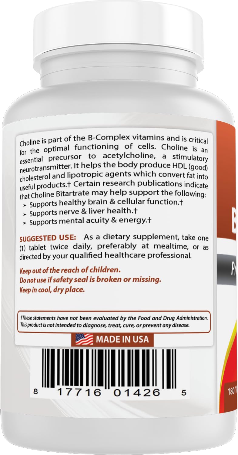 Best Naturals Choline Bitartrate 650 mg (Non-GMO) for Healthy Cognitive Brain Function, 180 Tablets
