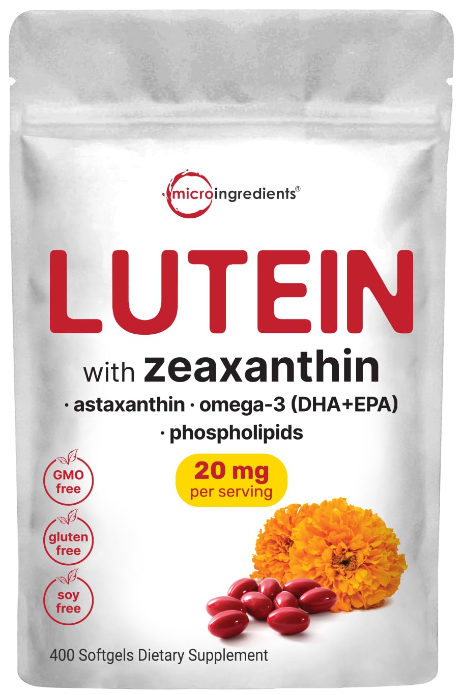 Micro Ingredients Lutein & Zeaxanthin 20mg Softgels with Astaxanthin, Omega-3s & Phospholipids, 400 Softgels