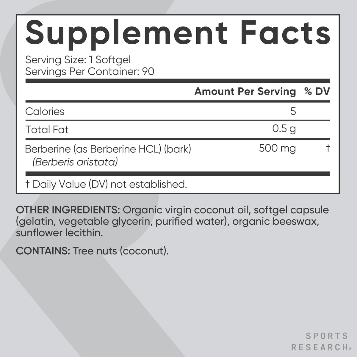 Sports Research Berberine 500mg Supplement with Coconut Oil Capsule 180 Count