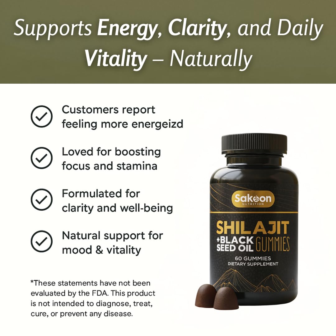 Sakoon nutrition Pure Shilajit Gummies with Black Seed Oil, High Potency Himalayan Resin for Energy, Immune Support, and Cognitive Function, Lab Tested, 60 Gummies