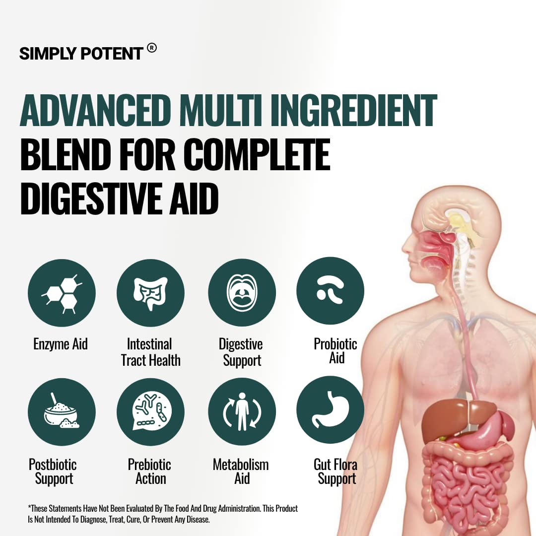 Simply Potent Digestive Enzymes with Prebiotics, Probiotics & Postbiotics 4-in-1 Complete Gut Health Formula 60 Capsules
