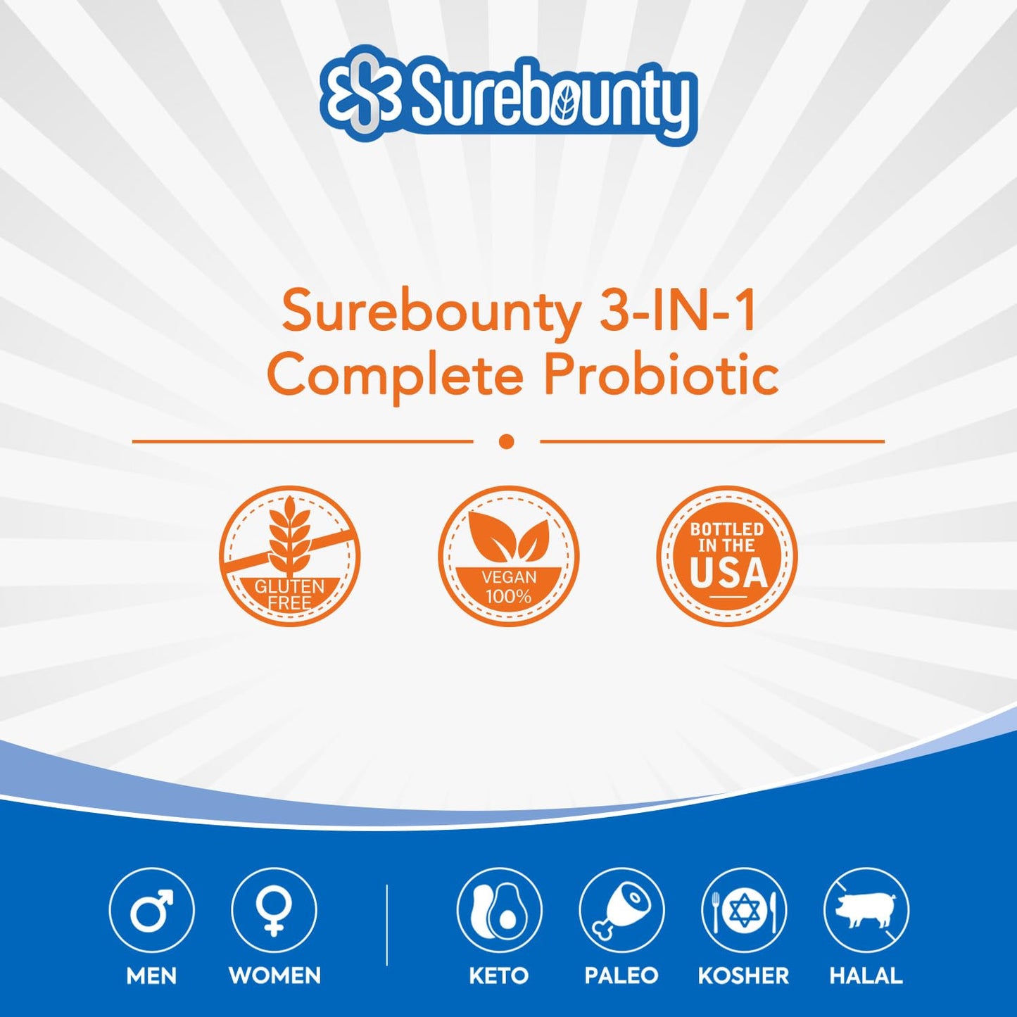 Surebounty Probiotics 120 Billion CFU, Probiotics for Men & Women, Prebiotics + Digestive Enzymes, Highest Potency, 3-in-1 Complete Probiotic Capsules, 30 Capsules