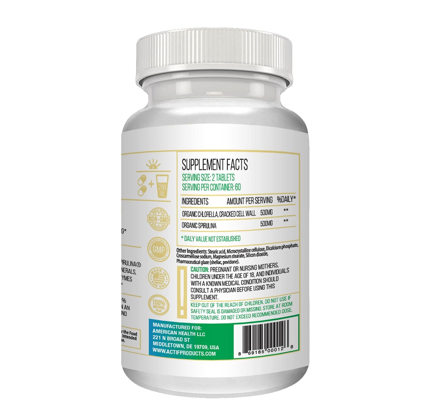 ACTIF 100% Ocean Cleaned Organic Chlorella and Spirulina Tablets 120
