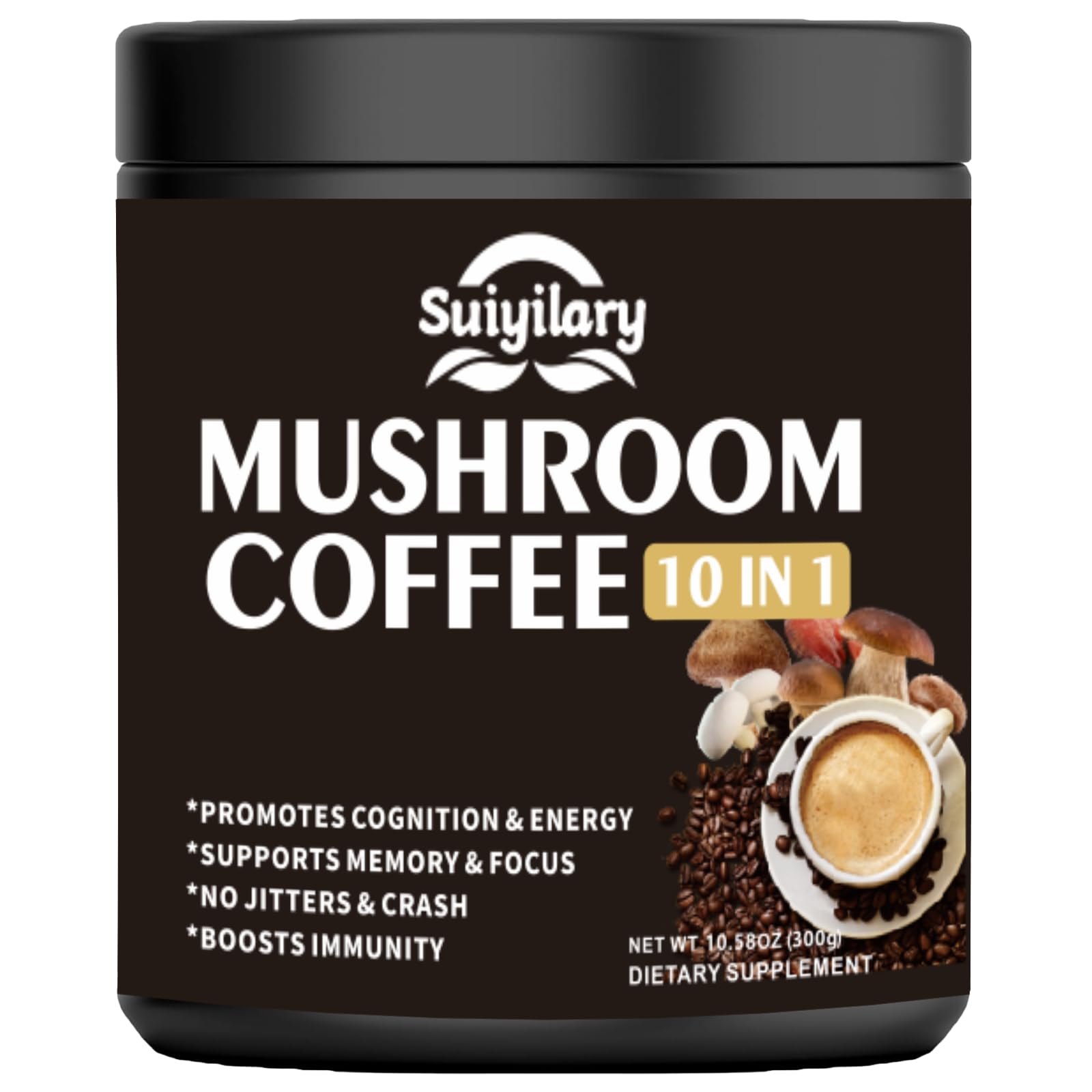 Suiyilary Mushroom Coffee 10 Mushroom Extract Powder Blend Lion's Mane, Reishi, Chaga, Cordyceps, Turkey Tail, Brain Support with Instant Coffee, Powder, 10.6 oz