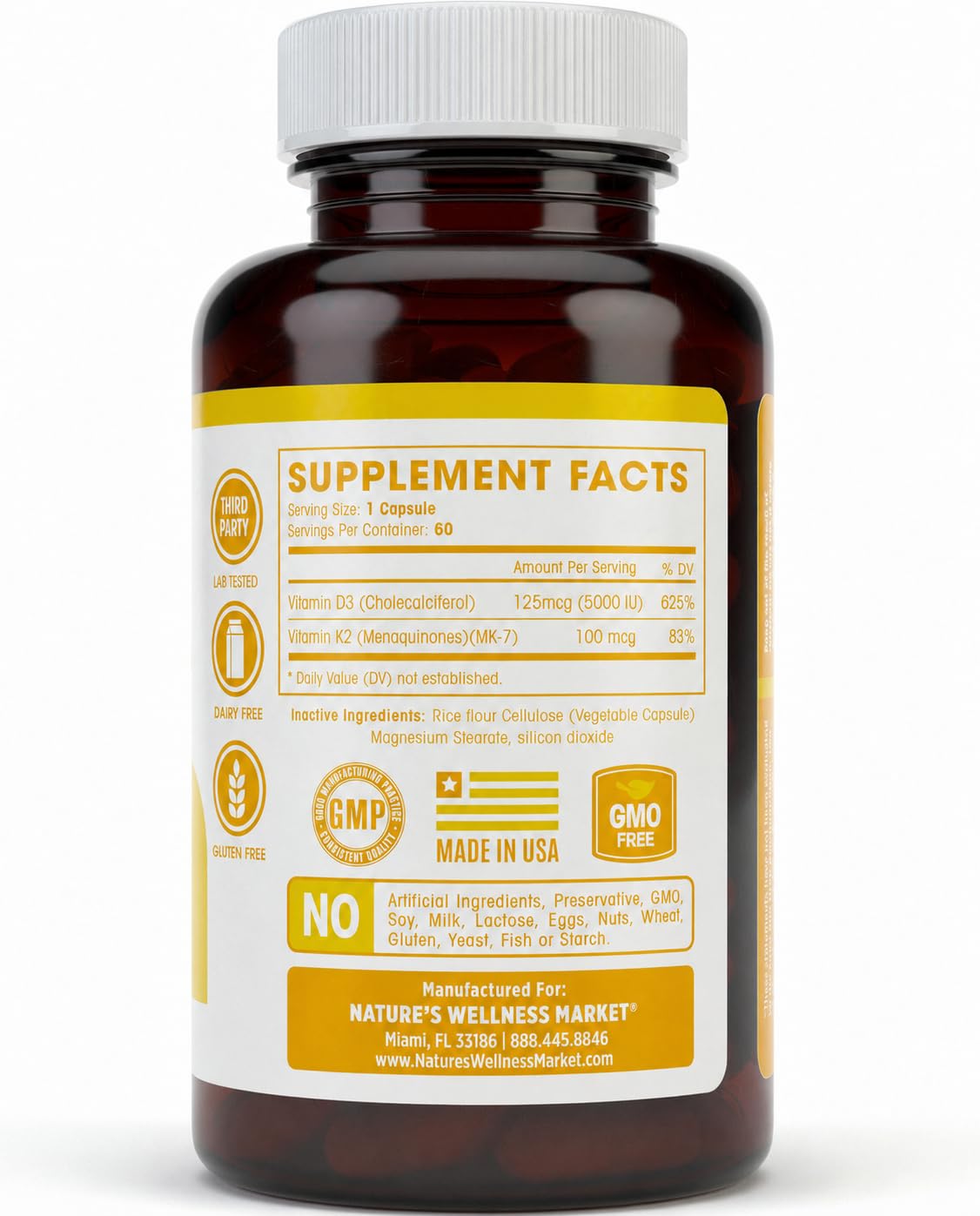 Natures Wellness Vitamin K2 (MK-7) with D3 Capsules 60 Count