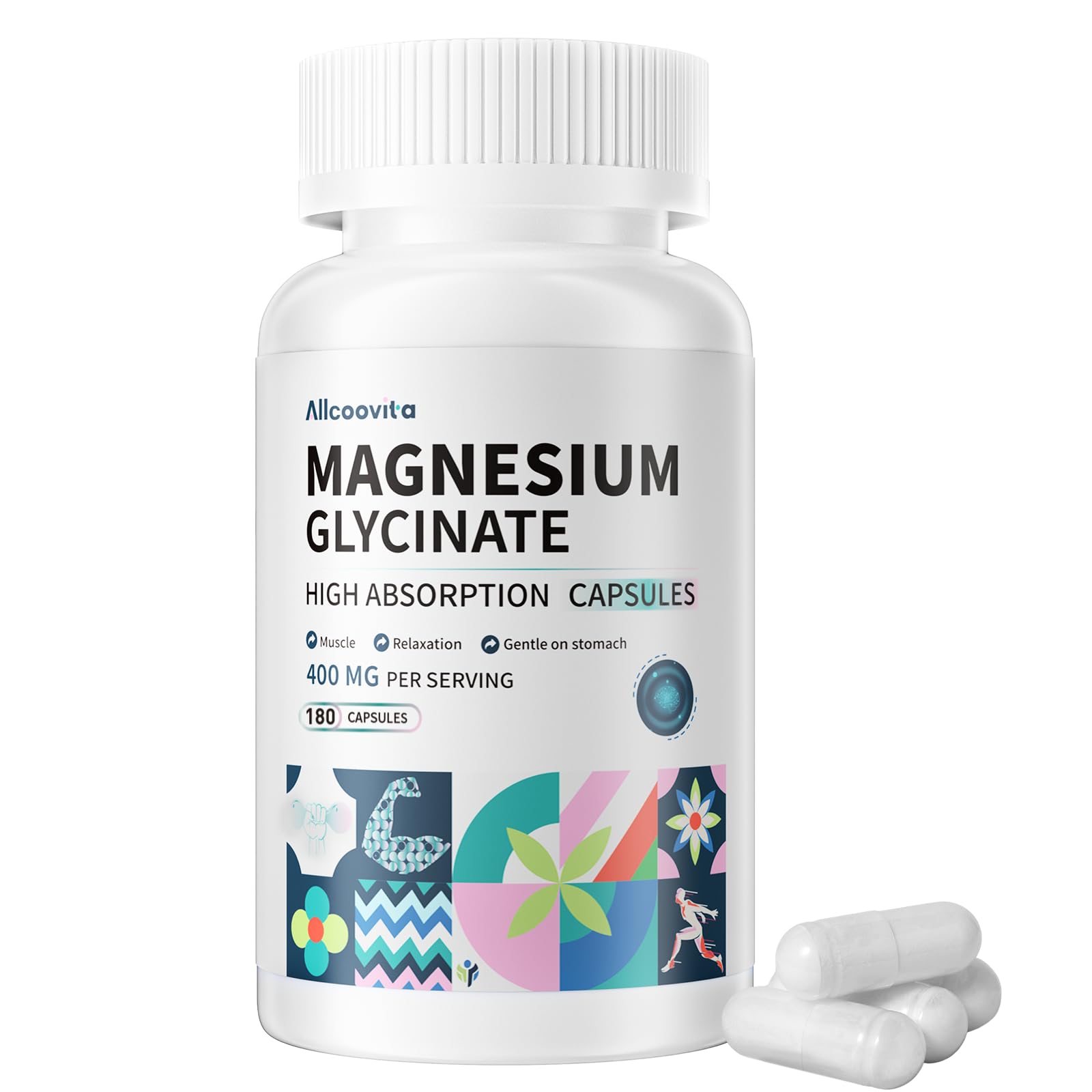 Allcoovita Magnesium Glycinate 400 mg Capsules, 180 Count