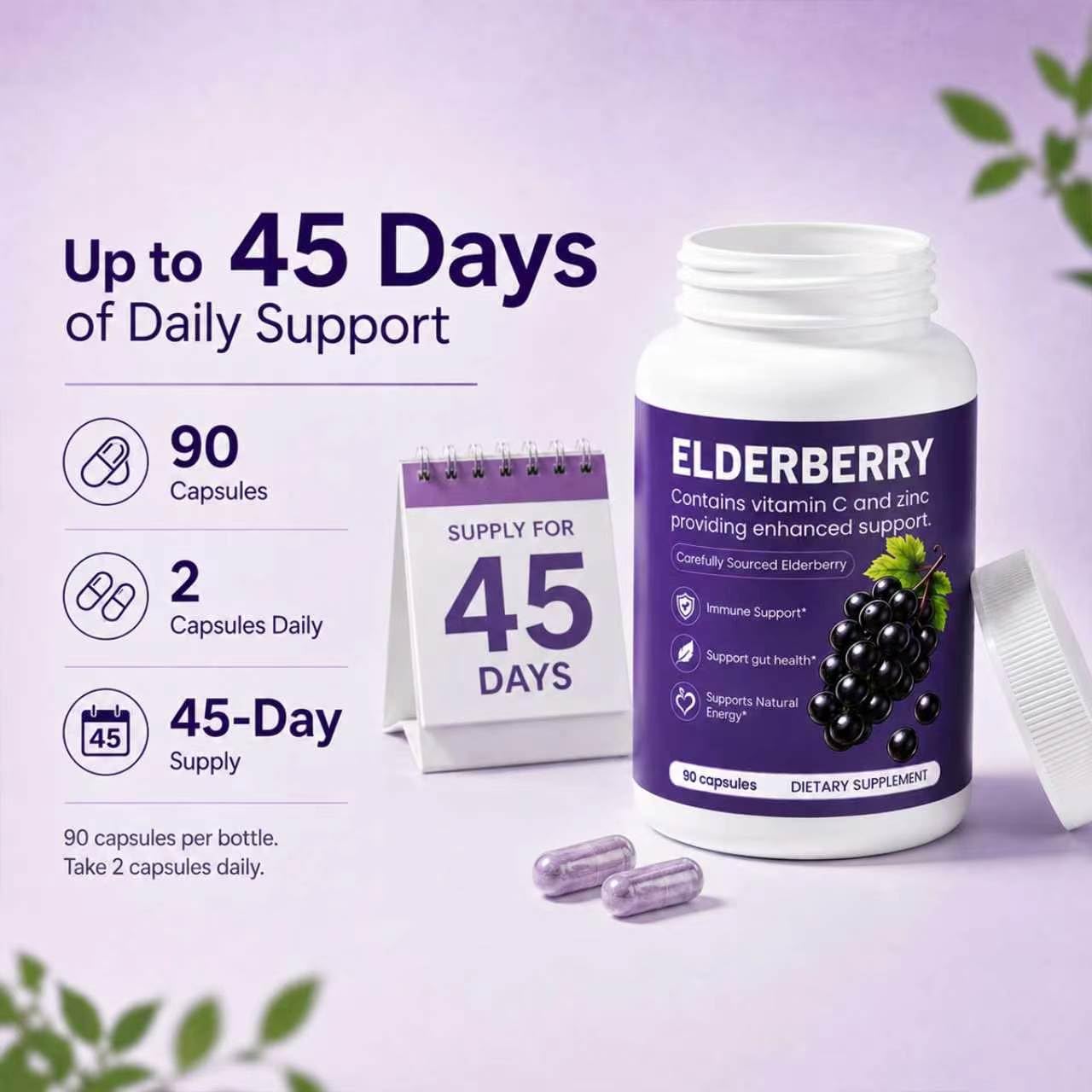QLONU Elvera Elderberry Gut Support with 1200mg Elderberry Extract, Vitamin C and Zinc Capsules, 90 Count