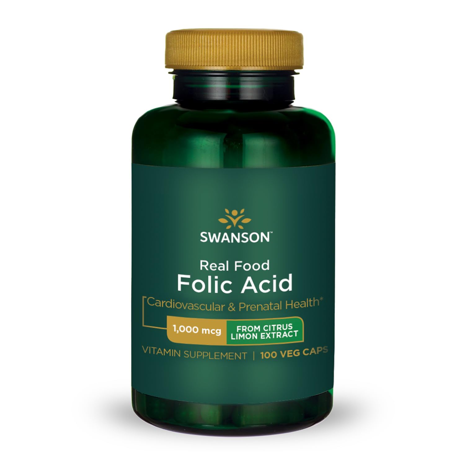 Swanson Real Food Folic Acid Folate Vitamin B-9 Cardiovascular Prenatal Health from Citrus Limon Extract Vegan Gluten-Free Non-GMO B9 1000 mcg Capsule, 100 Veggie Capsules
