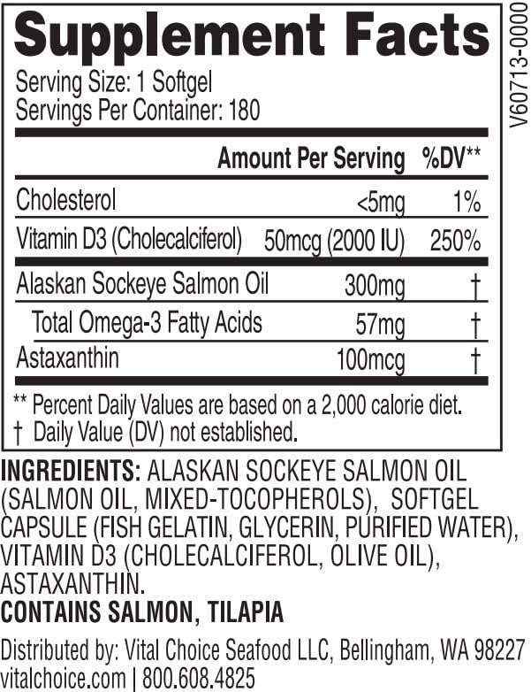 Vital Choice MSC Vitamin D3 in Wild Alaskan Sockeye Salmon Oil Softgels 180