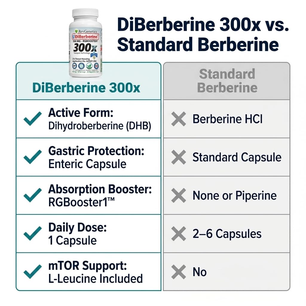 REVGENETICS Berberine Supplement with Dihydroberberine DHB Enteric Coated Capsules, 30 Count