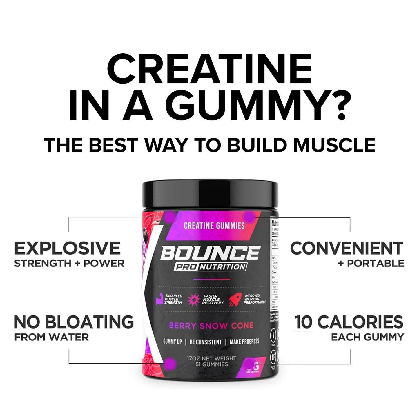 Bounce Pro Creatine Monohydrate Gummies, 51 Count