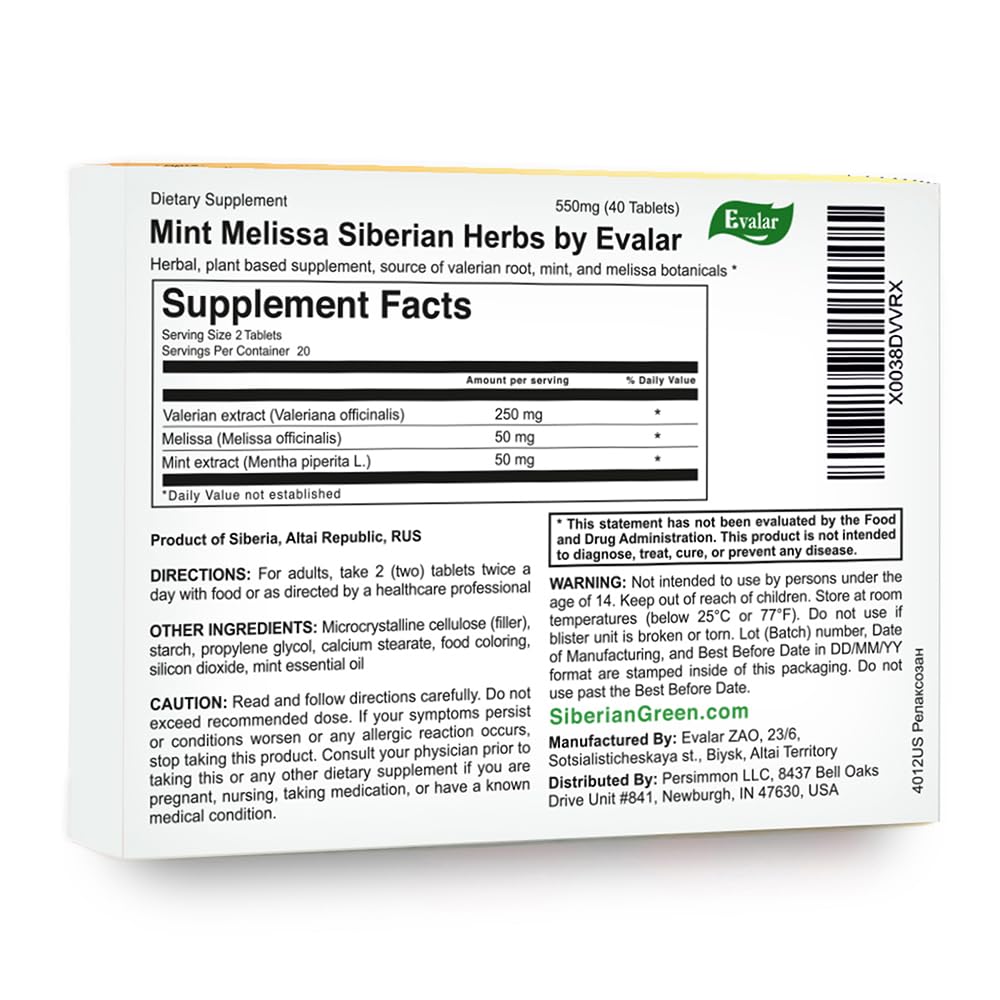 Evalar Melissa Mint Siberian Herbs Relaksozan Tablets, 40 Count
