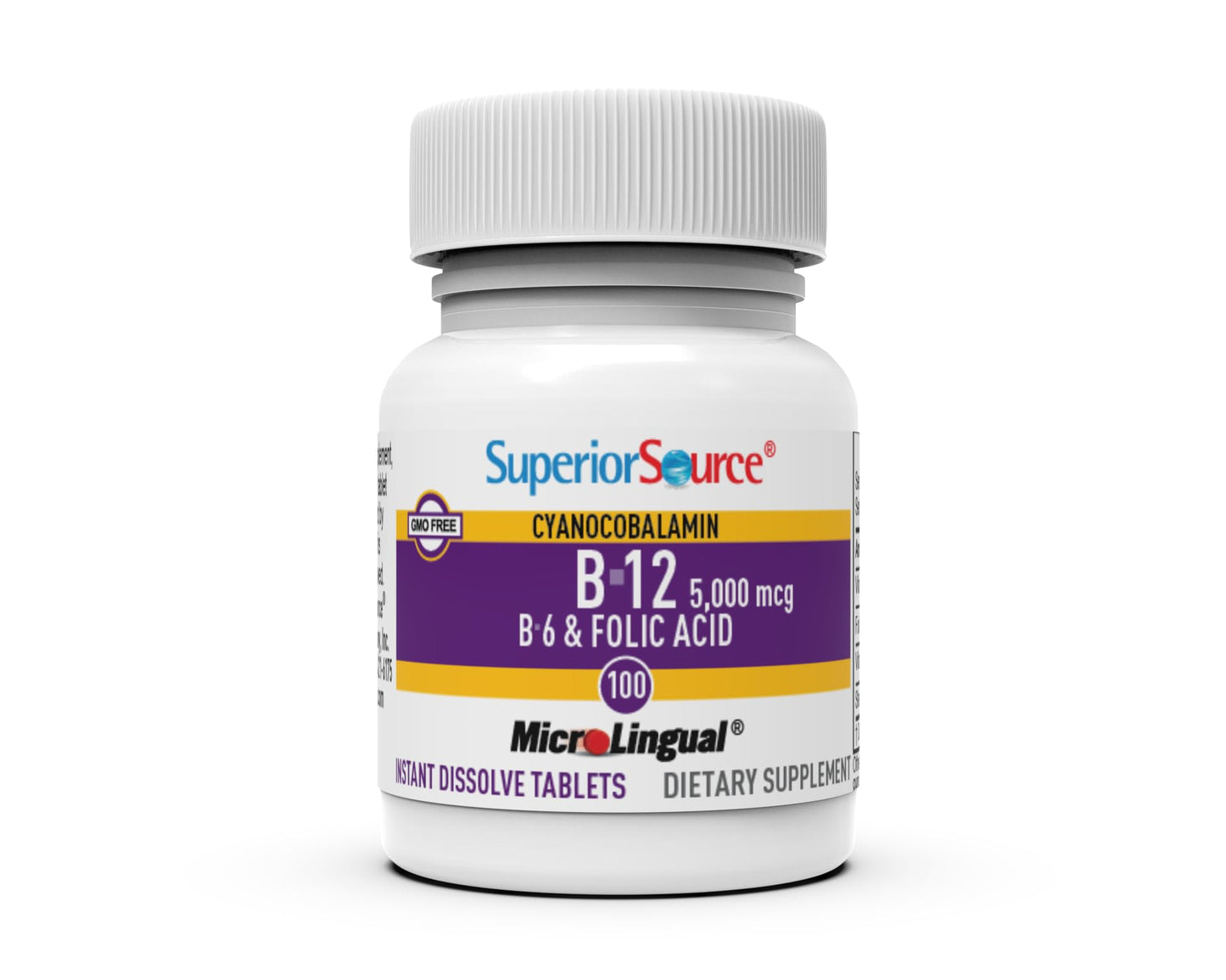 Superior Source No Shot Vitamin B-12 Cyanocobalamin 5000 mcg, B-6, Folic Acid 800 mcg Sublingual Tablets, 100 Count