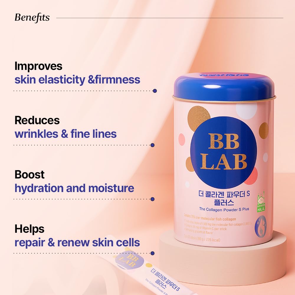 BB LAB Collagen Powder S Plus Halal, Low Molecular Korean Collagen Powder Stick Supplement, Marine, Fish Collagen Peptides, Vitamin C, Glycine, Fast Absorption, Grapefruit Flavor, 2.1 Ounce