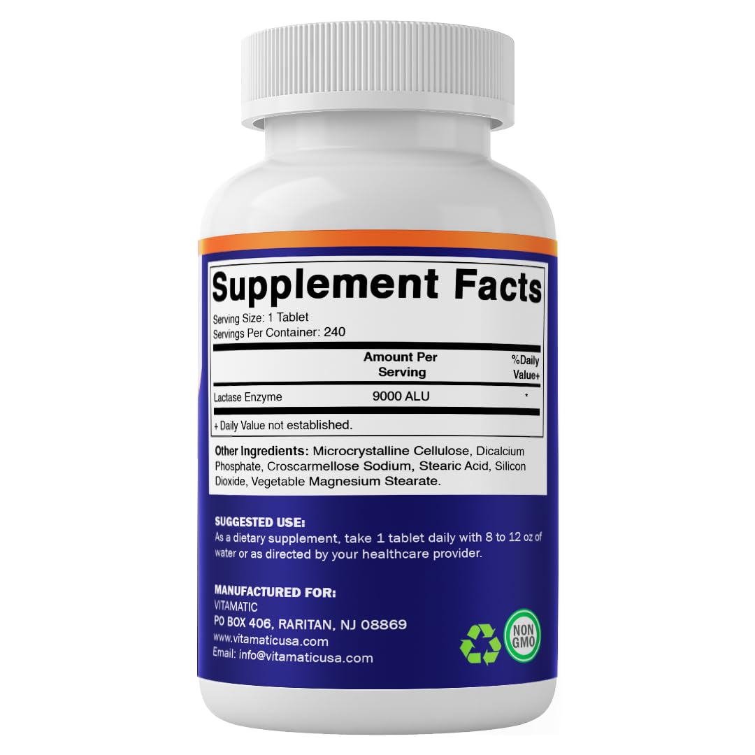 Vitamatic Lactase Enzyme 9000 FCC 240 Tablets - Lactose Intolerance Relief Caplets