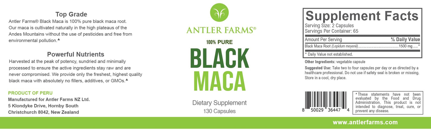 Antler Farms 100% Pure Black Maca Root Capsules, 130 Count