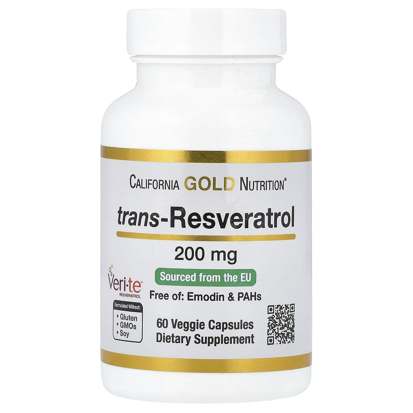 California Gold Nutrition Resveratrol 98% Pure Trans-Resveratrol 200 mg, 60 Veggie Capsules