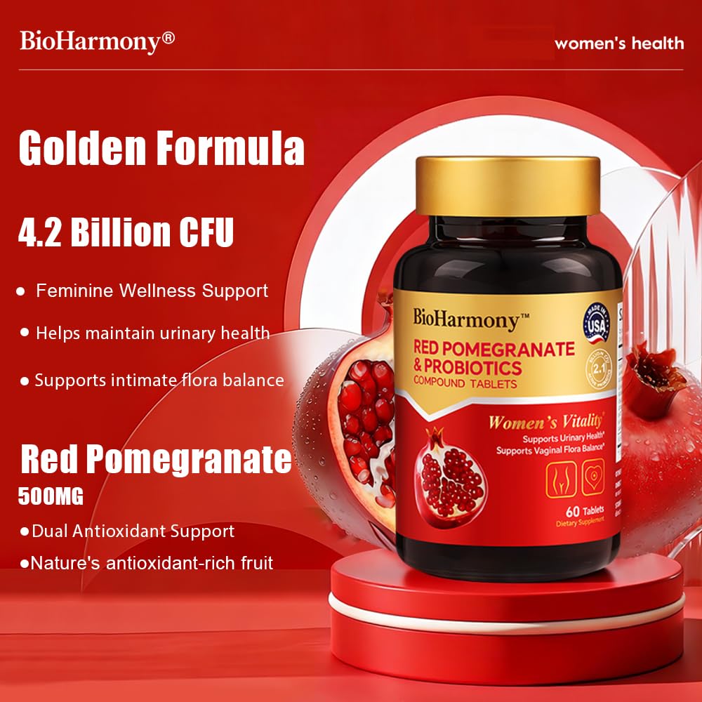 BioHarmony Women's Probiotic for pH Balance & Urinary Health – 4.2 Billion CFU with Lactobacillus crispatus & L. gasseri – Red Pomegranate 500mg – Non-GMO, Gluten-Free, 60 Tablets