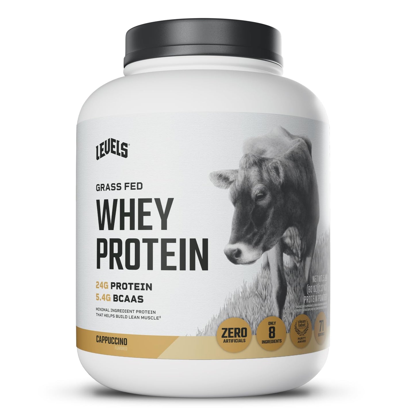 Levels Nutrition Grass Fed Whey Protein Powder Cappuccino, 5 lb, 80 Servings