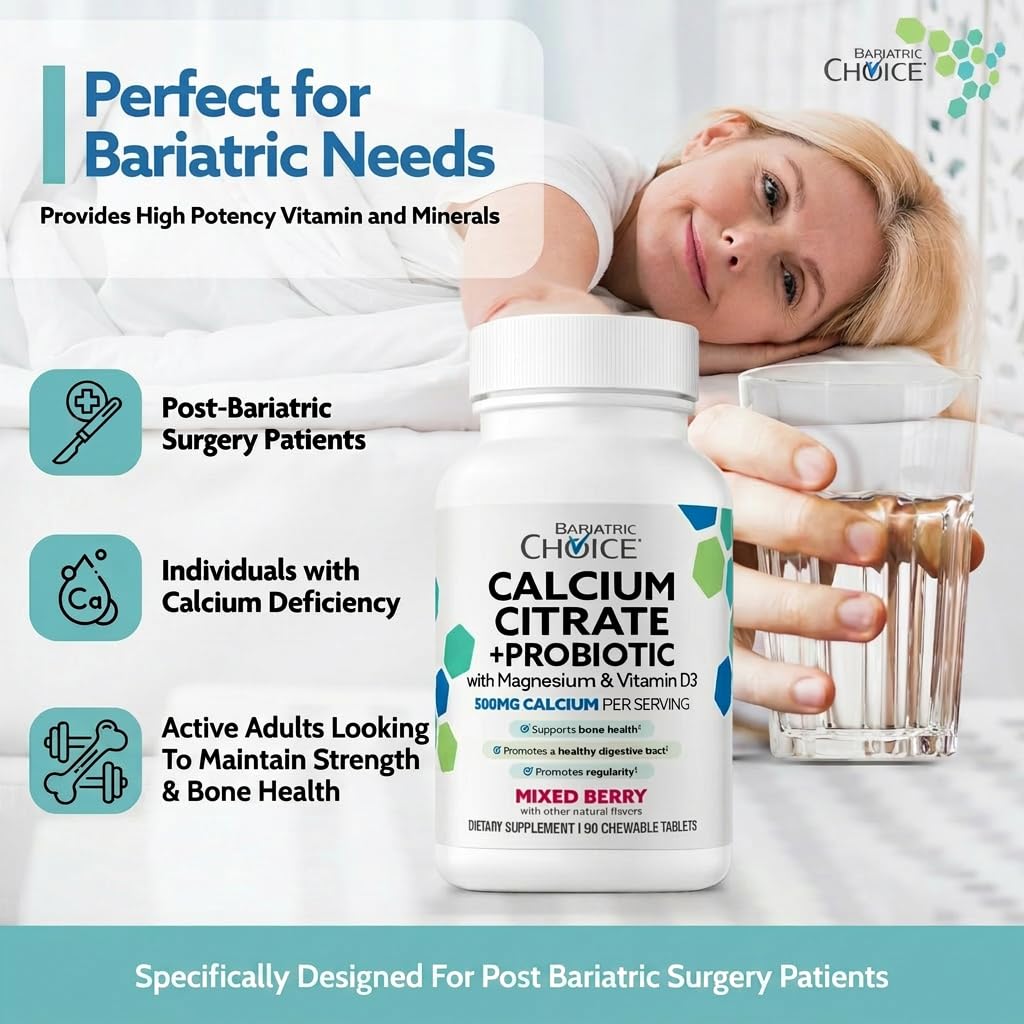 Bariatric Choice Calcium Citrate 500mg with Vitamin D3, Magnesium & Probiotics Tablets, 90 Count