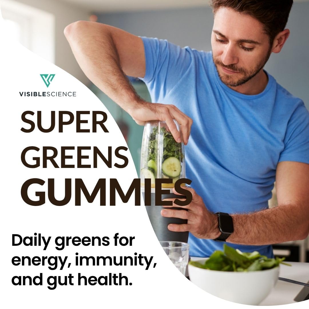 Visible Science Super Greens Gummies – Daily Greens, Superfood & Antioxidant Blend with Vitamins & Probiotics – Energy, Immunity & Digestive Health Support – Strawberry Watermelon Flavor, 60 Gummies