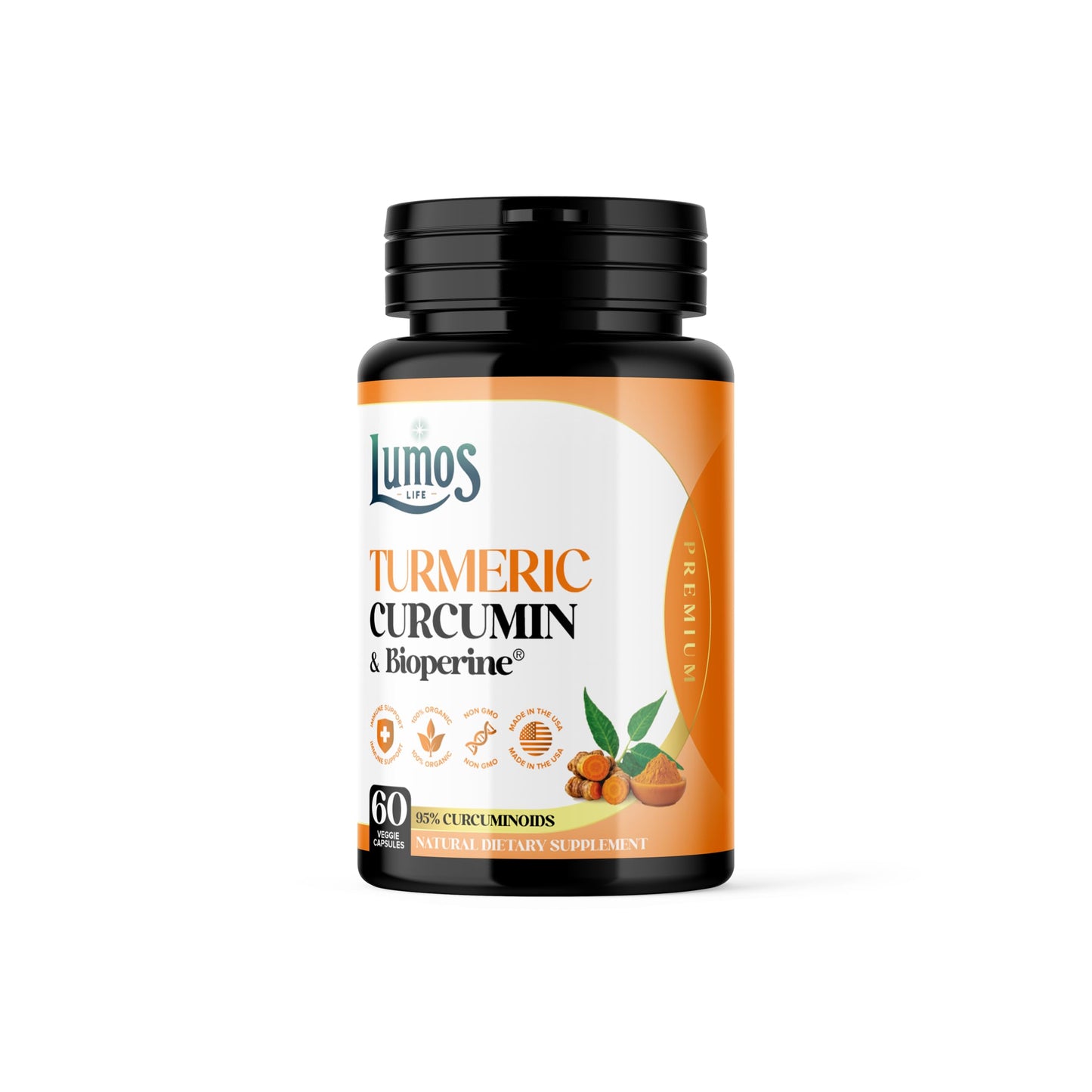 Lumos Life Organic Turmeric Curcumin 1000 mg with 95% Curcuminoids & 10 mg Bioperine Capsules, 60 Count