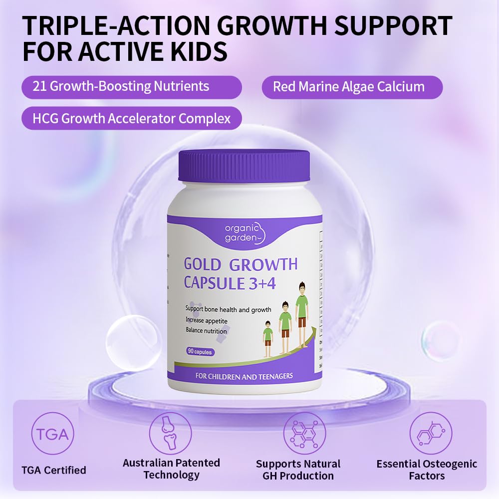 Organic Garden Natural Height Support Supplement for Teens & Young Adults - Bone Health & Growth Aid with L-Lysine, Red Algae Calcium, 19 Nutrients Capsules, 90 Count