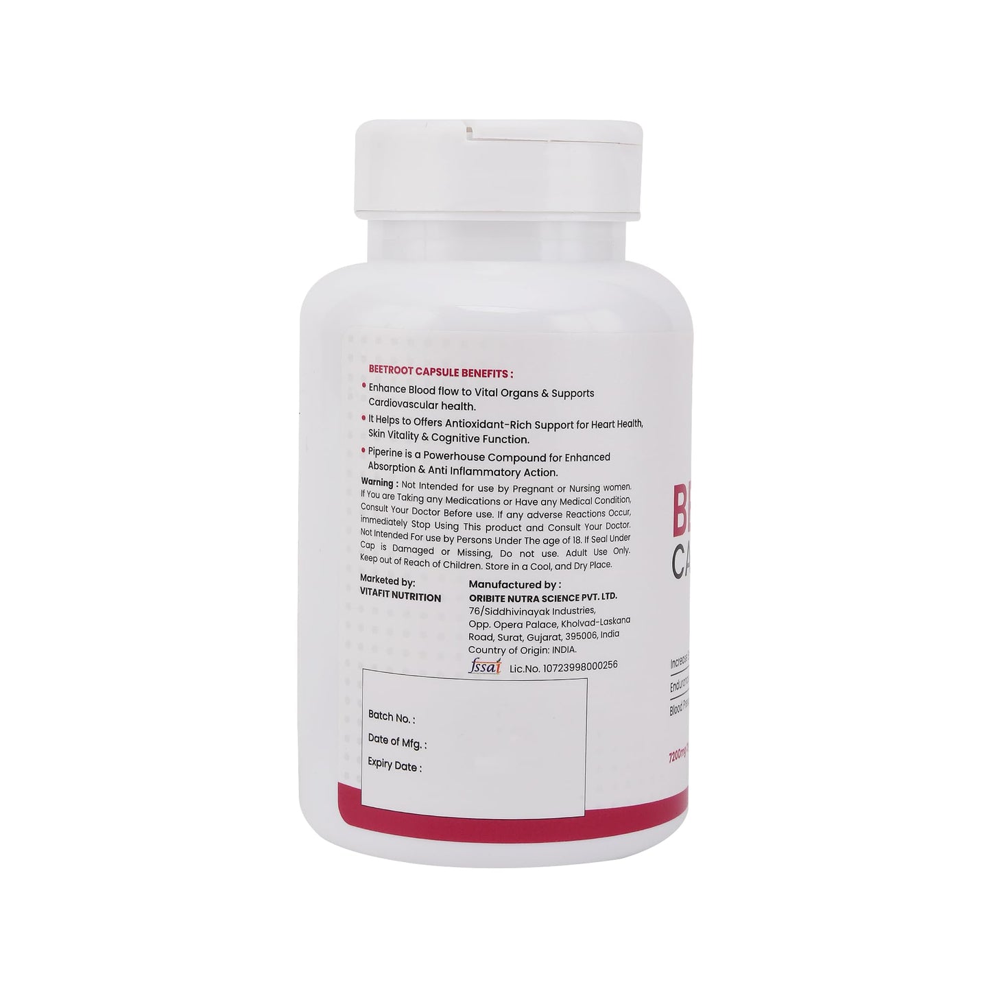 VITAFIT NUTRITION Beetroot Capsules 7200mg, 60 Capsules