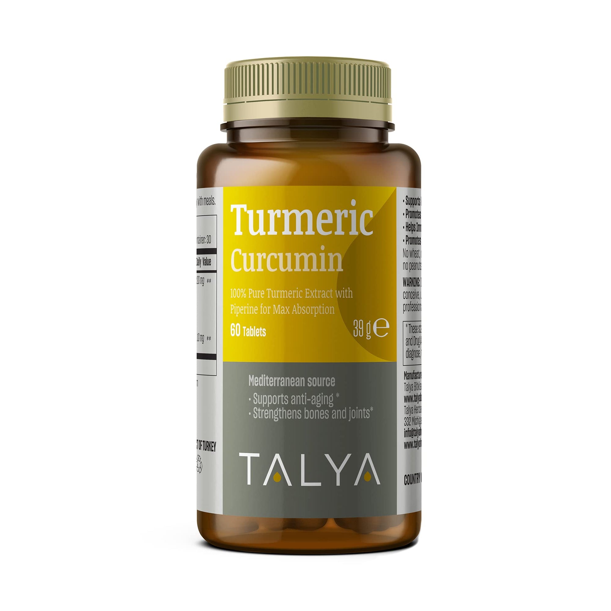TALYA Turmeric Curcumin with Black Pepper Tablets, 60 Count