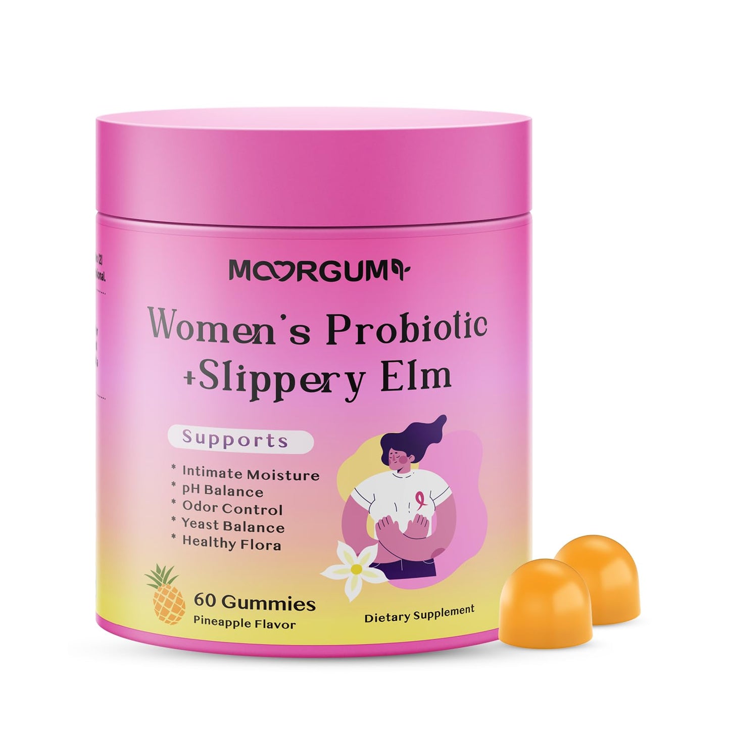 MOORGUMY Women's Probiotic Gummies with Slippery Elm, Prebiotics & Lactobacillus Blend - for Gut Health, Women's Wellness, pH Balance, and Intimate Support, 60 Gummies