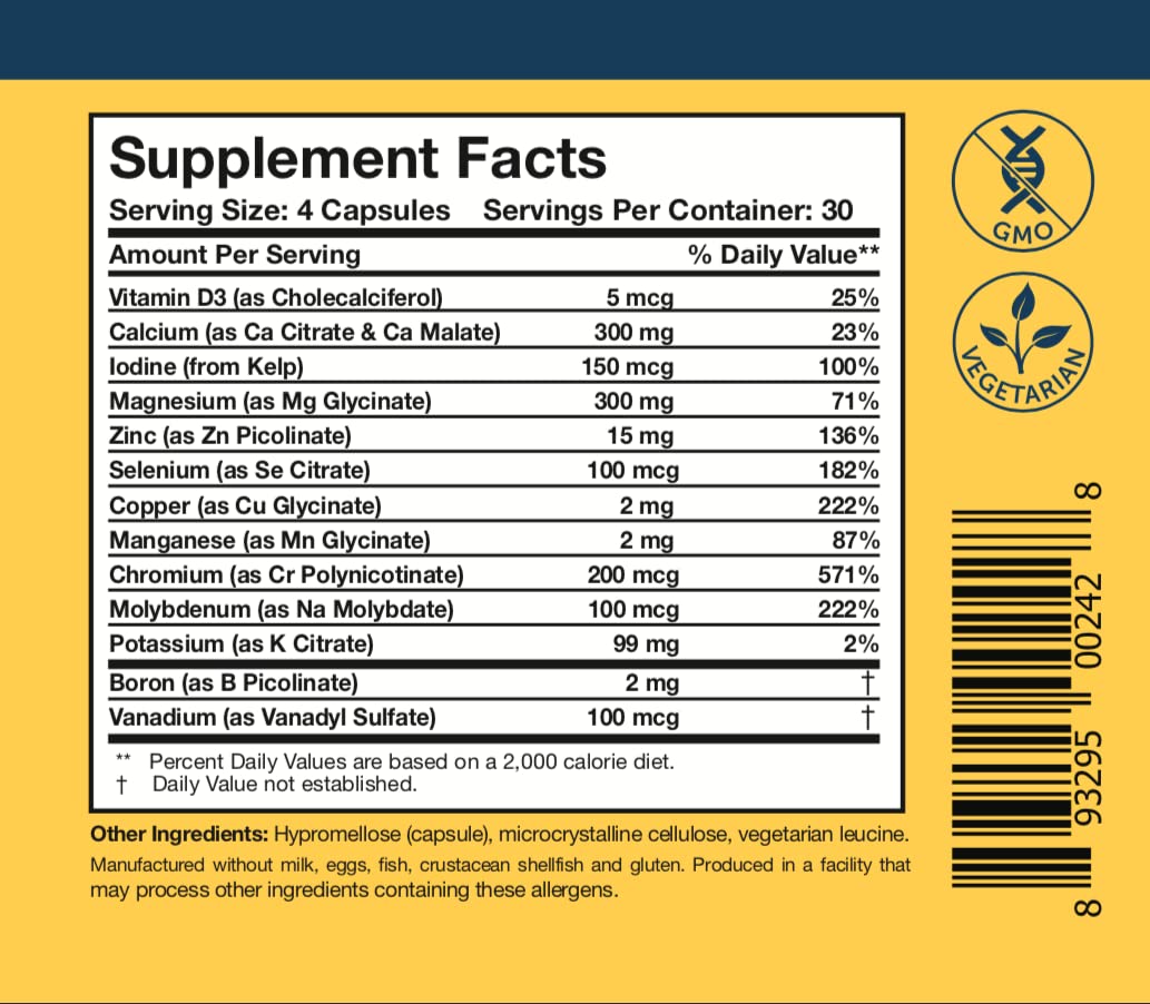 Researched Nutritionals Core Minerals Daily Trace Minerals Supplement - Iron-Free Blend with Vitamin D3, Magnesium Glycinate & Iodine for Thyroid, Bone & Metabolic Support, 120 Capsules