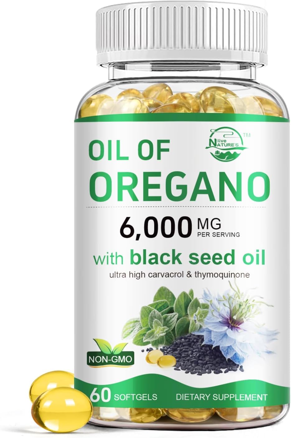 Nature's live Oil of Oregano with Black Seed Oil Softgels 60 Count