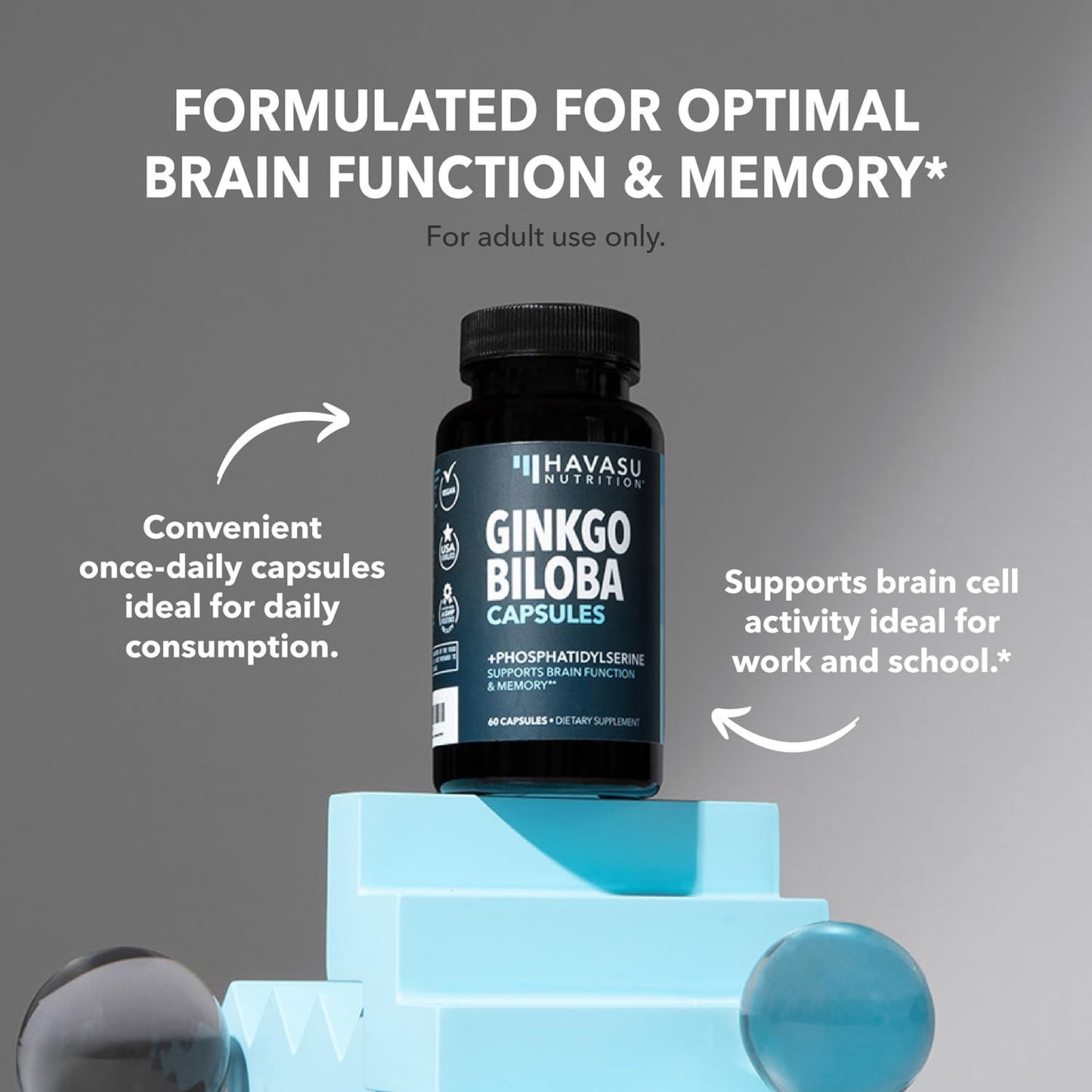 HAVASU NUTRITION Ginkgo Biloba 120mg with Phosphatidylserine Nootropic Supplement Capsules, 60 Count