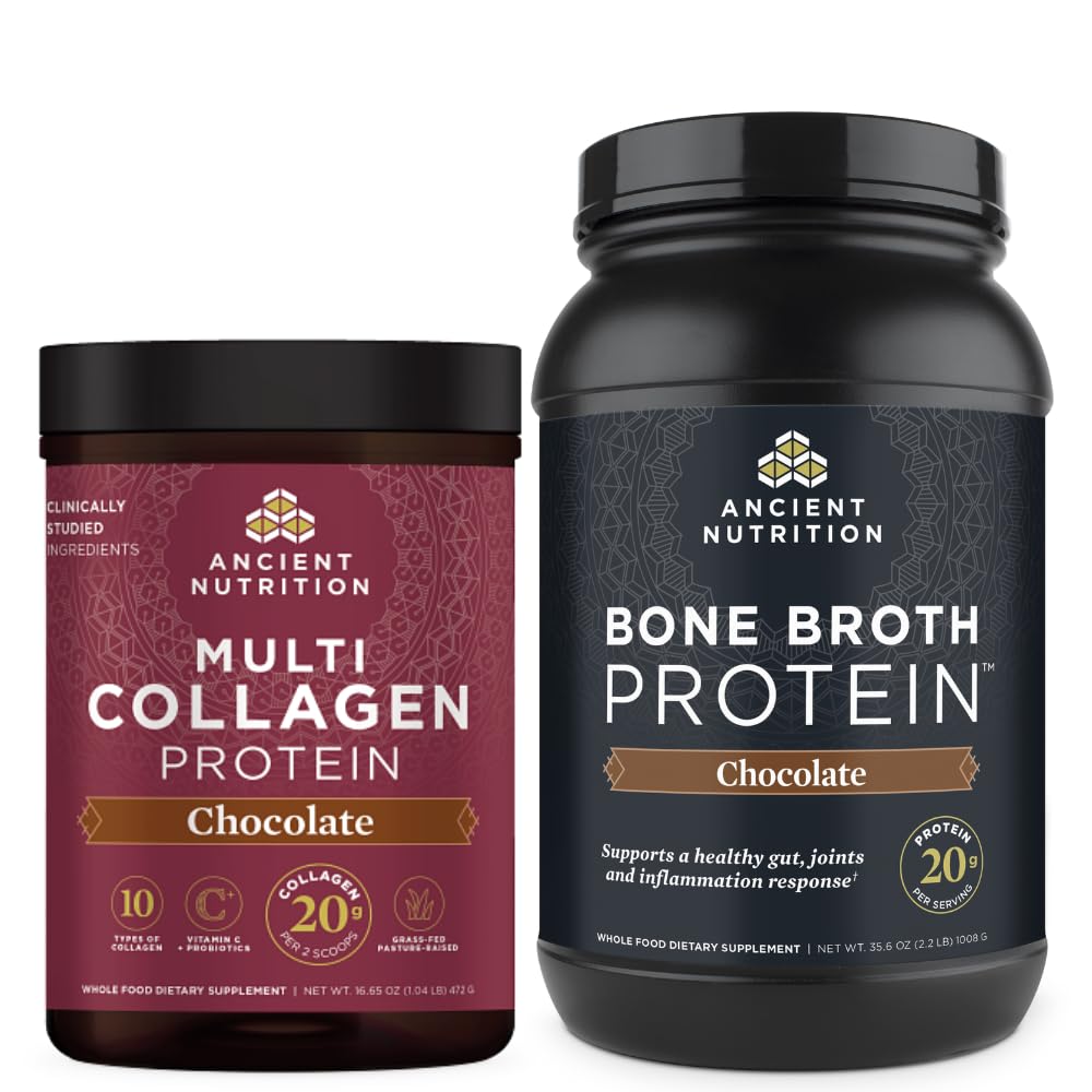 Ancient Nutrition Multi Collagen Protein Powder and Bone Broth Protein Powder, Chocolate, 40 Servings Each, 2-Pack