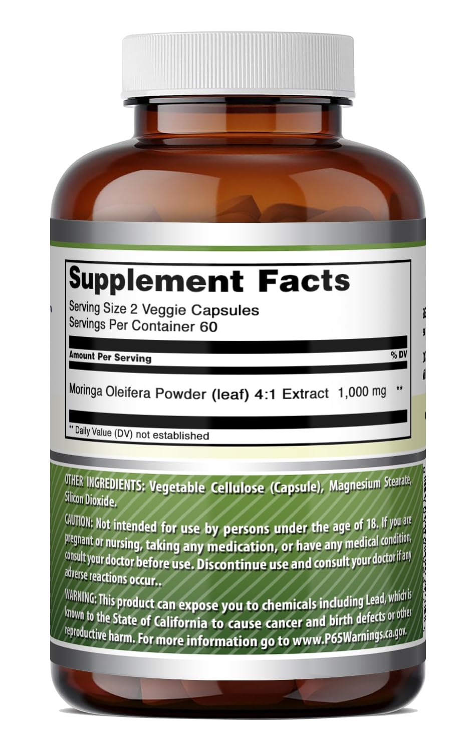 Amazing Nutrition Moringa 4:1 Extract 1000 mg Veggie Capsules, 120 Count