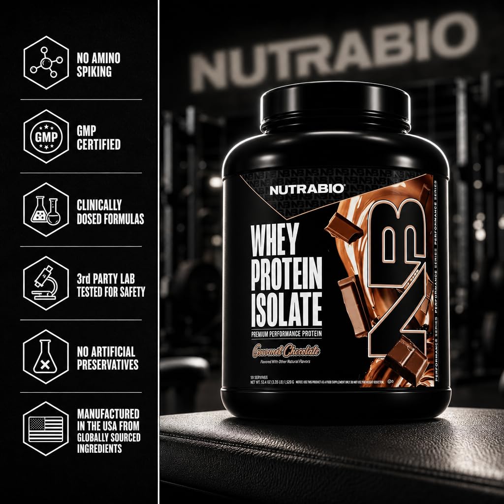 NutraBio Whey Protein Isolate Protein Powder Gourmet Chocolate, 80 Servings