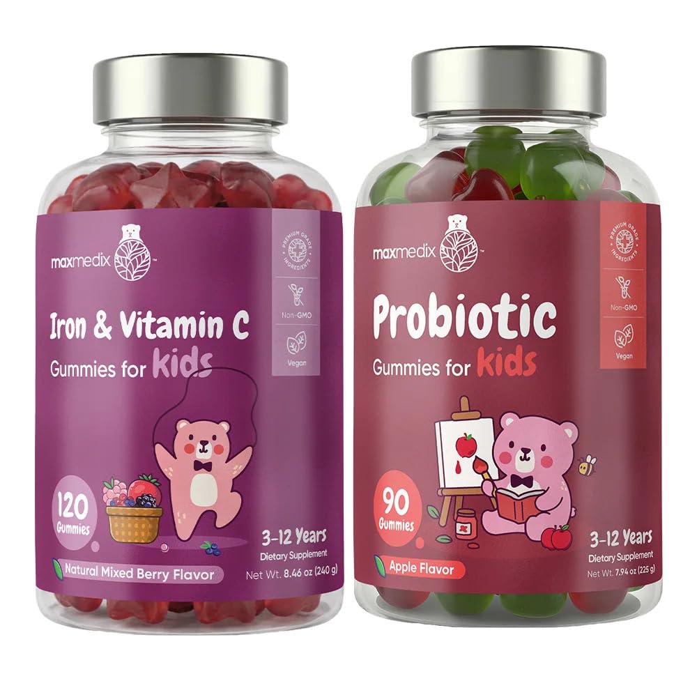 Maxmedix Kids Iron with Vitamin C Gummies + Kids Probiotics Gummies