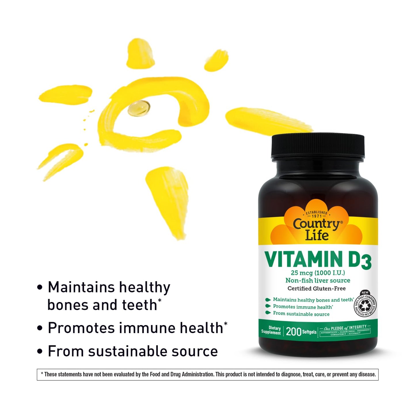 Country Life Vitamin D3 1000 IU (25 mcg) Softgels, 200 Count