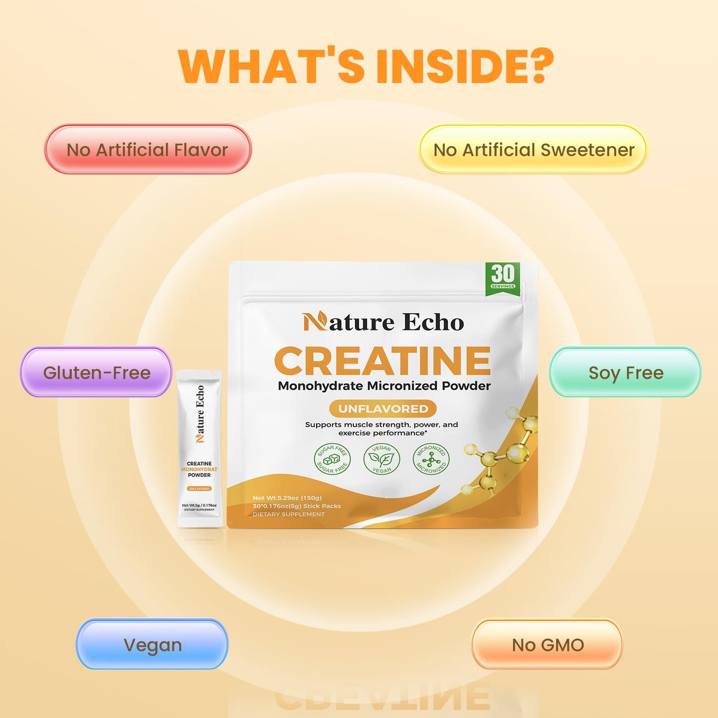 Nature Echo Creatine Monohydrate Micronized Powder, 30 Single-Serve Packs, 5g per Pack
